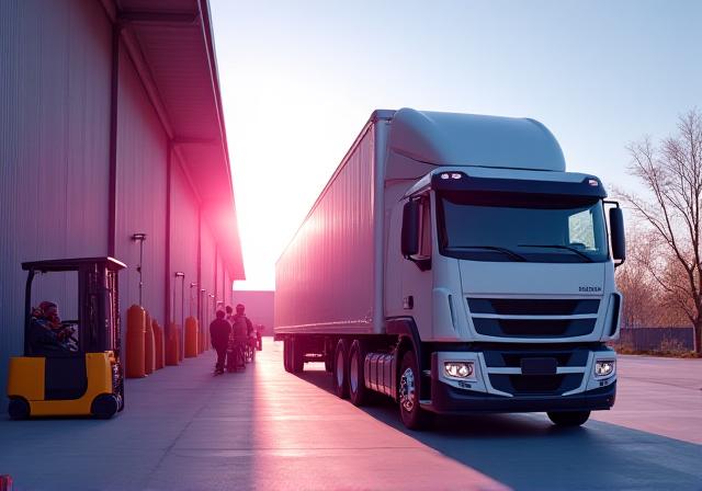 Large commercial truck delivering cargo at sunset